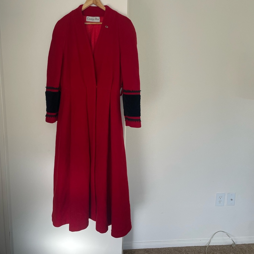 Dior Long Red Coat with Black Sleeve Detail